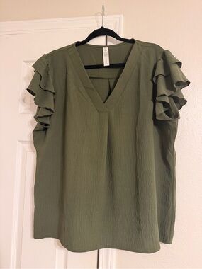 Olive Ruffle Sleeve V-Neck Women's Top